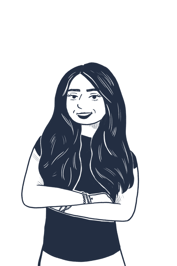 Illustration of Sicily with long dark hair and crossed arms