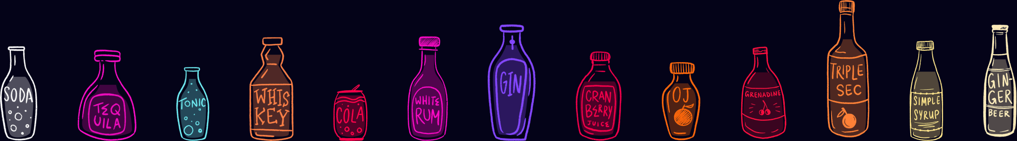 The game’s hand-drawn bottles lined up: soda water, tequila, tonic, whiskey, cola, white rum, gin, cranberry juice, orange juice, grenadine, triple sec, simple syrup and ginger beer