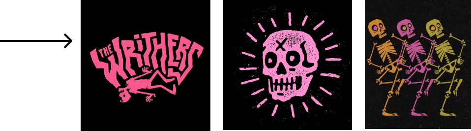 An arrow pointing to three mood board images: pink lettering, a pink skull, and neon skeletons