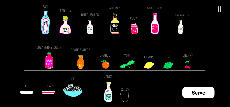 Round 1 bar screen: shelves of labelled bottles and garnishes with a Serve button