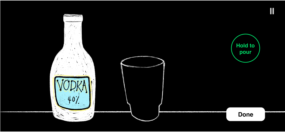 Round 1 pour screen: a bottle and an empty glass with a Hold to pour button