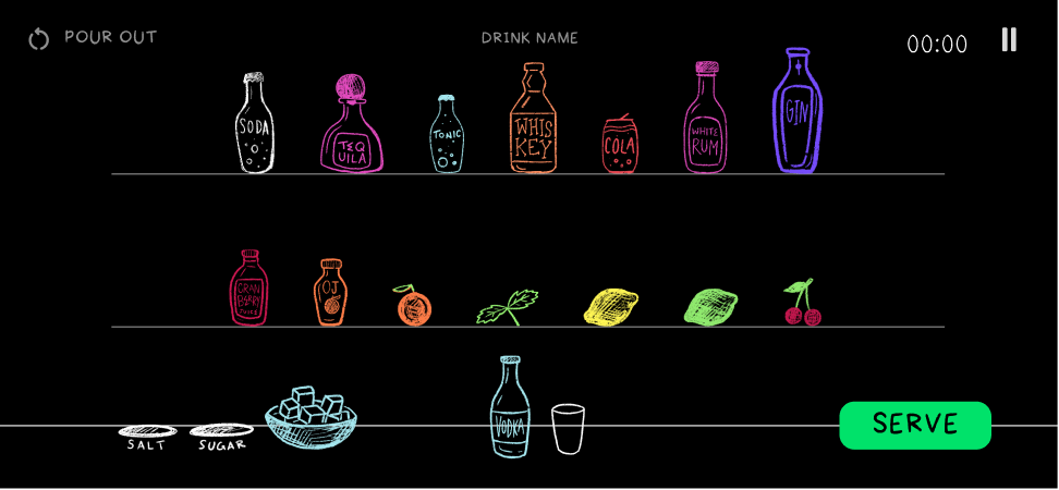 Round 2 bar screen: outlined bottles and garnishes on dark shelves