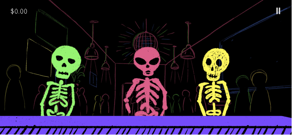 Round 2 order screen: green, pink and yellow skeleton customers at a neon bar