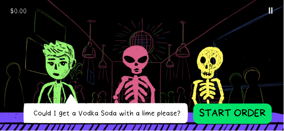 Round 2 order screen: the ordering skeleton shown in human form, asking for a vodka soda, with a Start Order button