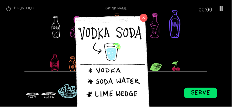 Round 2 bar screen with a handwritten Vodka Soda recipe card over the shelves
