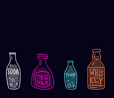 The new bar shelves on a dark navy background with brighter bottles