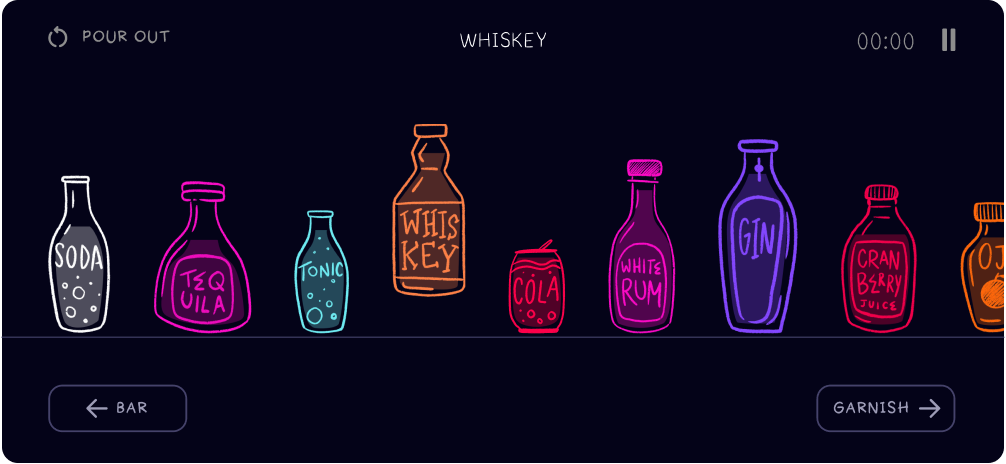 Final bar screen: a scrollable counter of bottles with Bar and Garnish buttons
