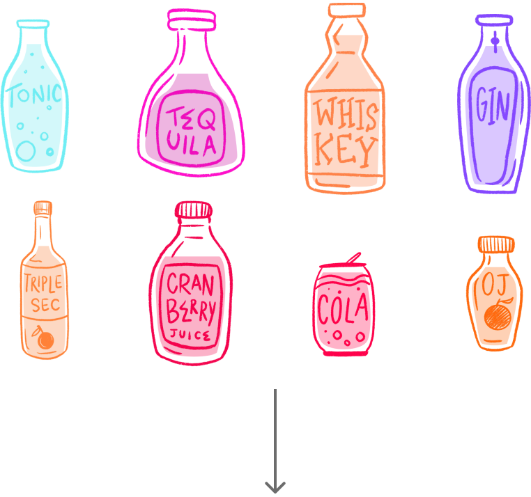 Eight redrawn bottles in bright colours, with an arrow down to the bar screen