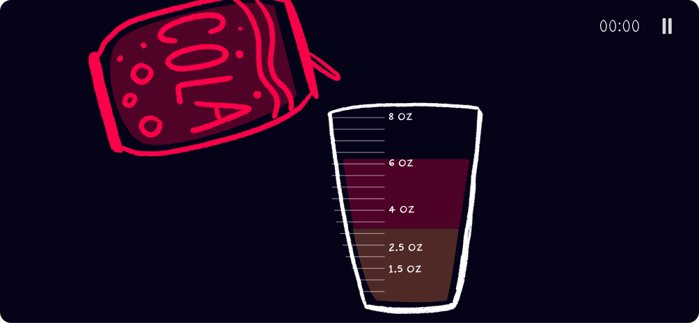 Final pour screen: a cola can pouring into a glass with coloured layers and ounce marks