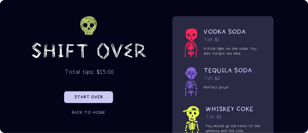 Shift Over screen: total tips of $15.00 and a list of the drinks served with their tips