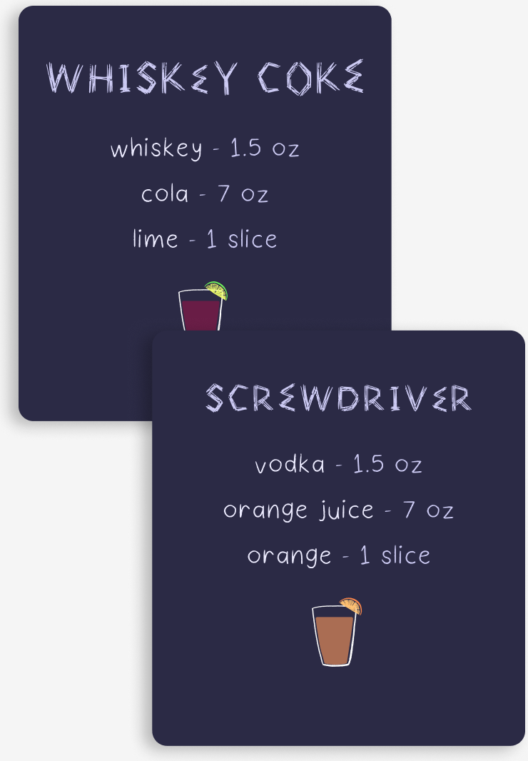 Two recipe cards from the game: Whiskey Coke (whiskey 1.5 oz, cola 7 oz, lime 1 slice) and Screwdriver (vodka 1.5 oz, orange juice 7 oz, orange 1 slice)