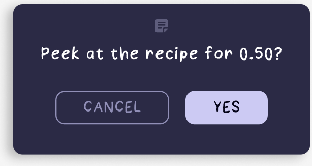 In-game prompt: Peek at the recipe for 0.50? with Cancel and Yes buttons
