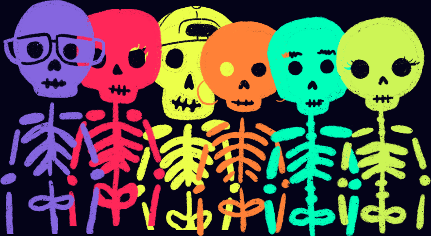 Six of the game’s skeleton customers in purple, red, yellow, orange, teal and green