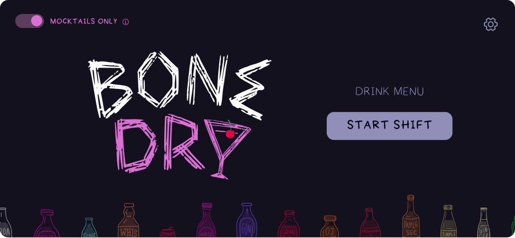 Start screen with Mocktails Only switched on and the logo in pink