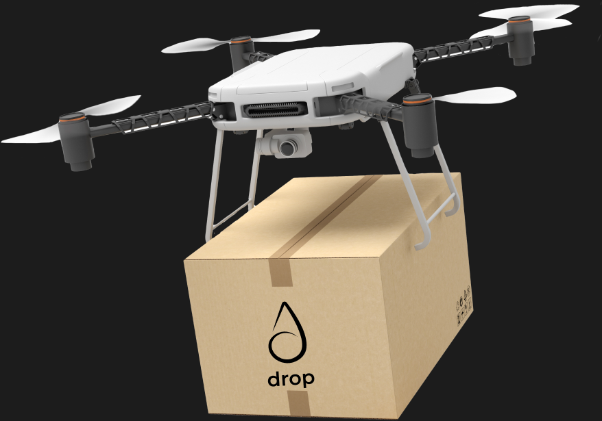 A drone carrying a box with the Drop logo
