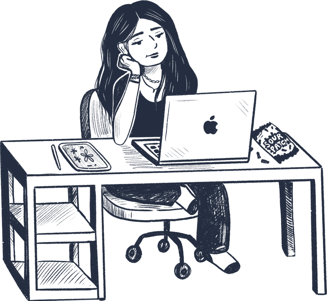Illustration of Sicily sitting at her desk with a laptop, surrounded by stars and design tools