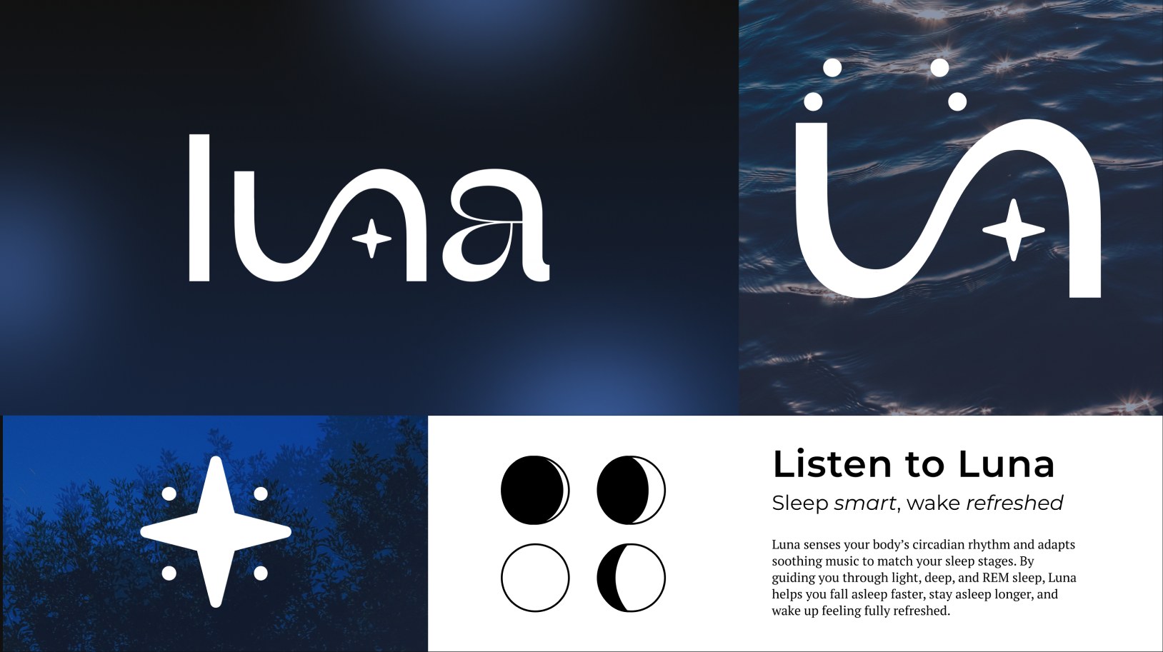The final brand: luna wordmark, un app icon, the Luna star and moon phases