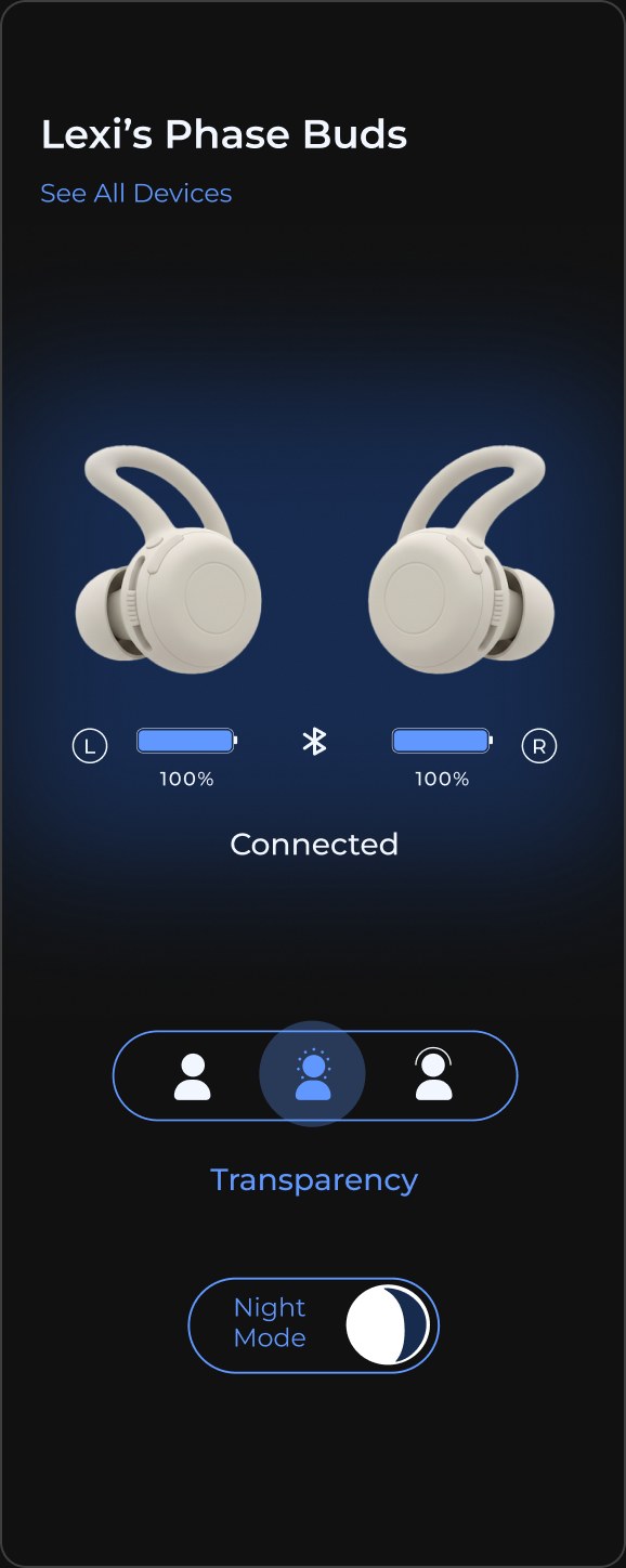 Lexi’s Phase Buds screen with battery levels, noise modes and a night mode switch