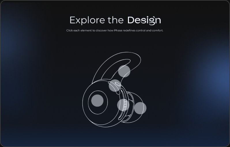 Explore the Design: a line drawing of the earbud with clickable parts