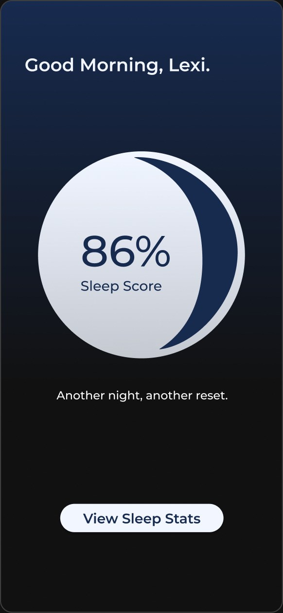 Good Morning, Lexi screen with an 86% sleep score and a View Sleep Stats button