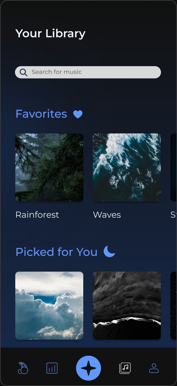 Your Library screen with Favorites and Picked for You soundscapes