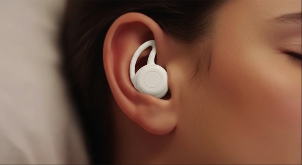 Final AI render of the earbud worn while sleeping