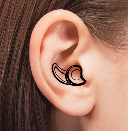 Earbud sketched over a photo of an ear