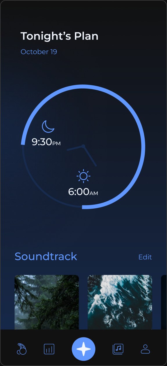 Tonight’s Plan screen: a dial from 9:30 PM to 6:00 AM and a soundtrack picker