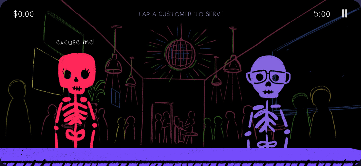 Bone Dry order screen with skeleton customers at the bar