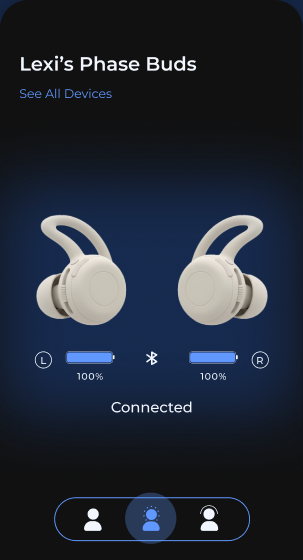 Luna app device screen showing connected earbuds