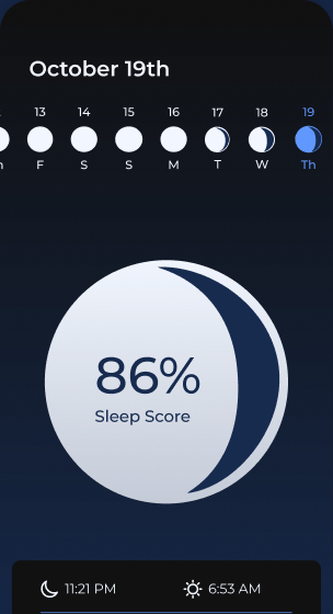 Luna app sleep stats screen with an 86% sleep score