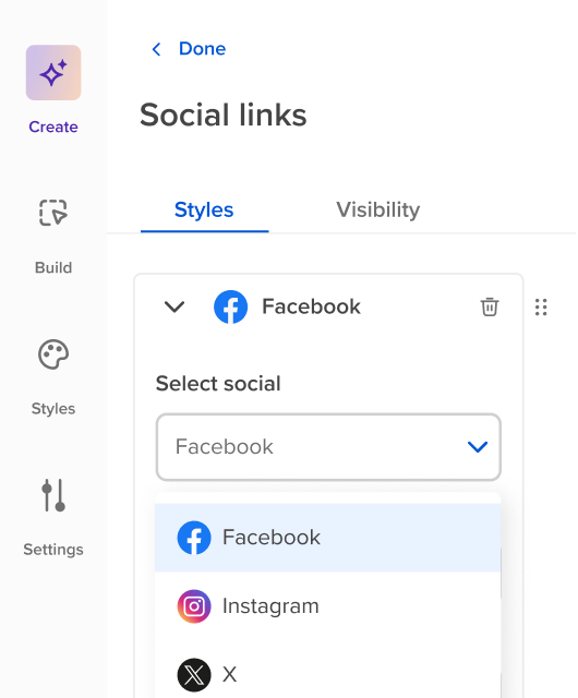 Workshop’s Social links drawer with Facebook selected