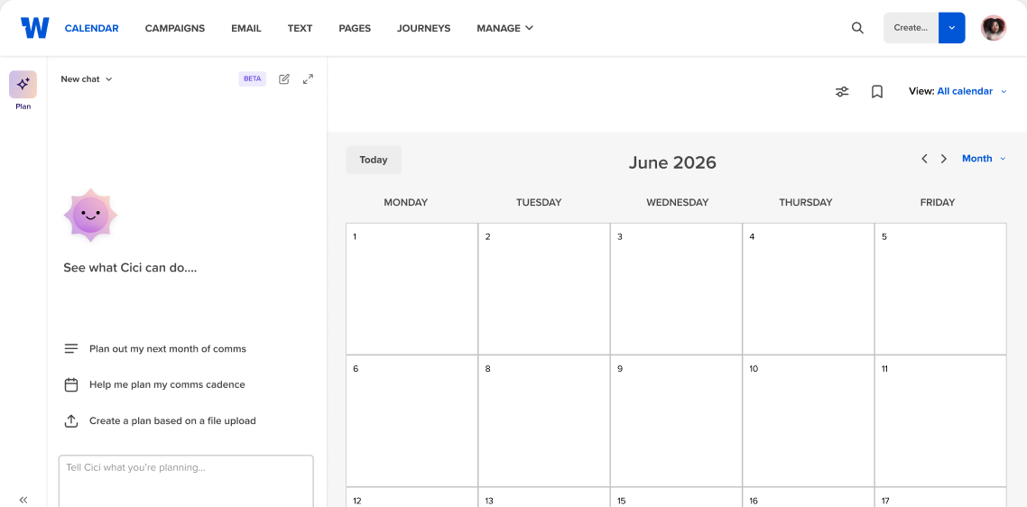 Workshop's calendar with the Cici AI planning assistant open